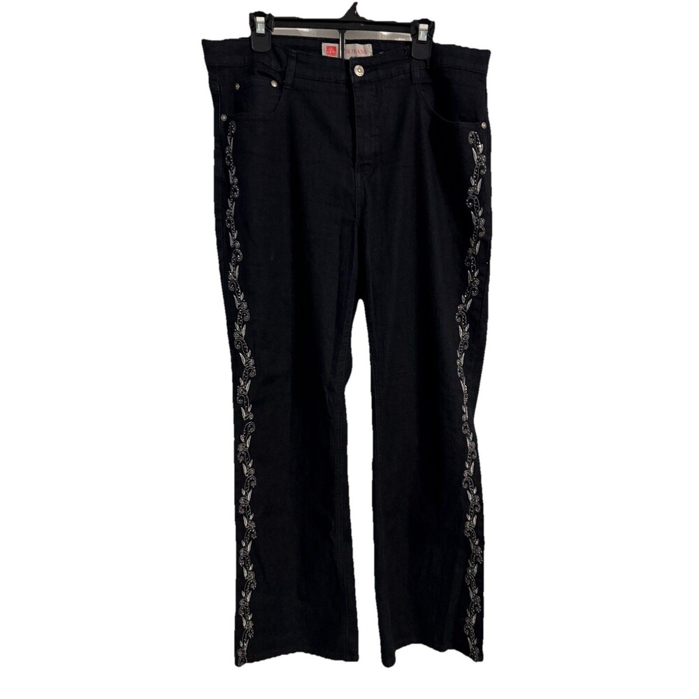 COS Women's Black Denim Wide Leg Jeans Embroidered Size 14W Boho Festival Retro